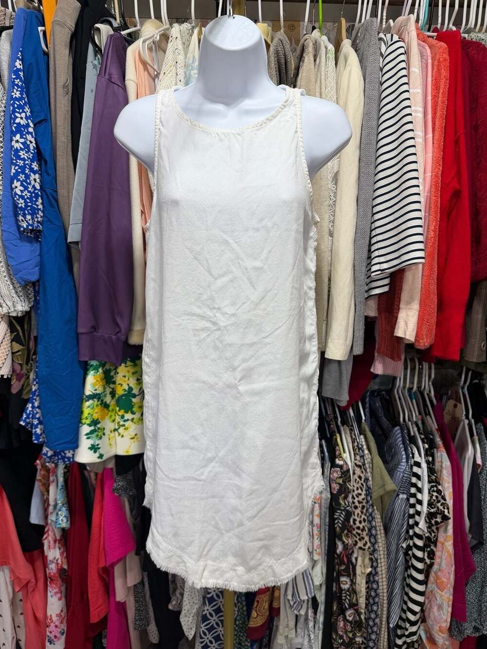 Cloth & Stone Tank Dress Size XS White Linen Button Detail Fringe Hem 19x21